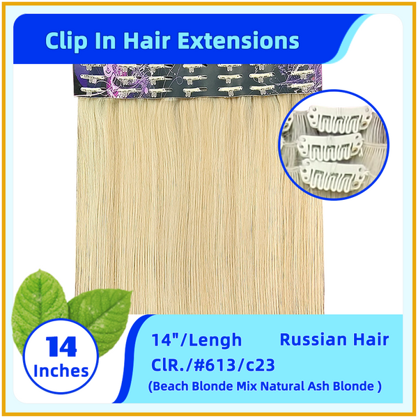14" #613/C23 Russian Hair Clip In Hair Extensions  Beach Blonde Mix Natural Ash Blonde