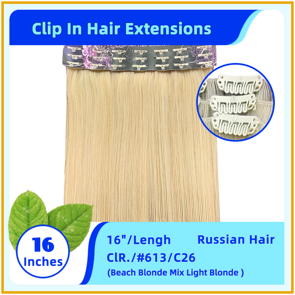 16" #613/C26  Russian Hair Clip In Hair Extensions Beach Blonde Mix Light Blonde
