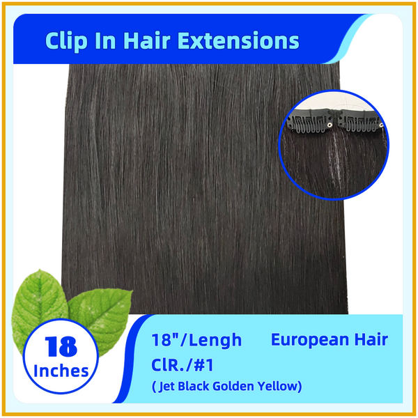 18" #1  European Hair Clip In Hair Extensions Jet Black