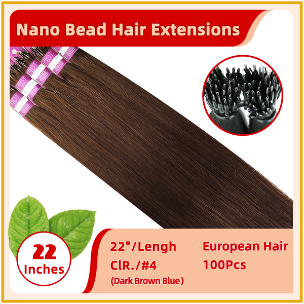 22" #4  100 Strands  European Hair Nano Bead Hair Extensions Dark Brown