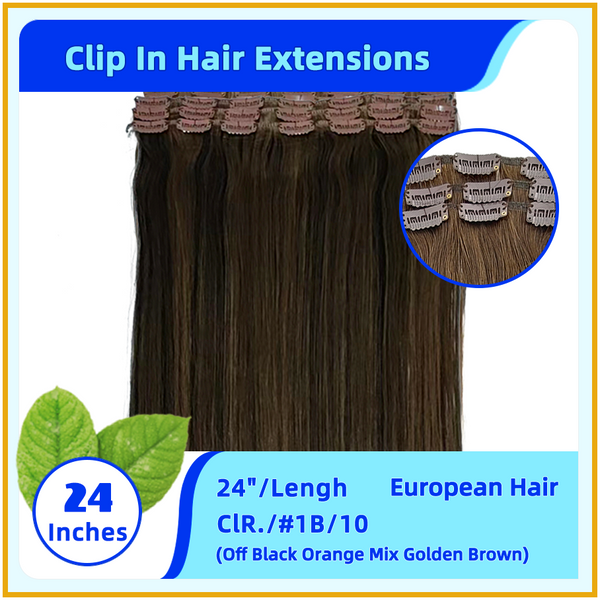 24" #1B/10 European Hair Clip In Hair Extensions Off Black Mix Golden Brown