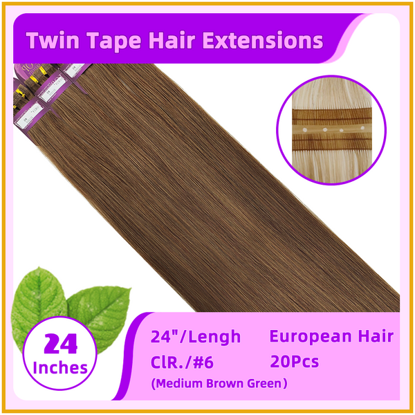 24" #6  20 Pieces  Twins Tape European Hair Extensions Medium Brown
