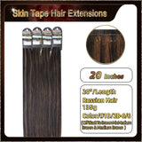 20" 40 Pieces (20 Sandwiches) Ombre Skin Tape Hair Extensions(Dark Brown To Blonde）
