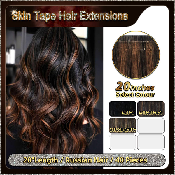 20" 40 Pieces (20 Sandwiches) Ombre Skin Tape Hair Extensions(Dark Brown To Blonde）