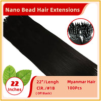 22" #1B 100 Strands Myanmar Hair Nano Bead Hair Extensions Jet Black