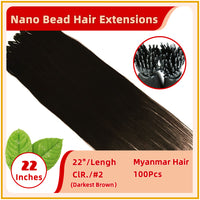 22" #2 100 Strands Myanmar Hair Nano Bead Hair Extensions Darkest Brown