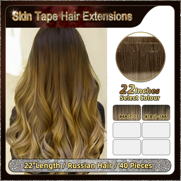 22" 40 Pieces (20 Sandwiches) Ombre Skin Tape Hair Extensions(Dark Brown To Blonde）