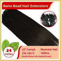 22" #2/3 100 Strands Myanmar Hair Nano Bead Hair Extensions Darkest Brown Mix Darker Brown