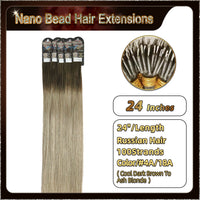24" Ombre Nano Bead Hair Extensions 100 Stands Full Head (Dark Brown To Blonde）