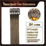 24" Ombre Nano Bead Hair Extensions 100 Stands Full Head (Dark Brown To Blonde）