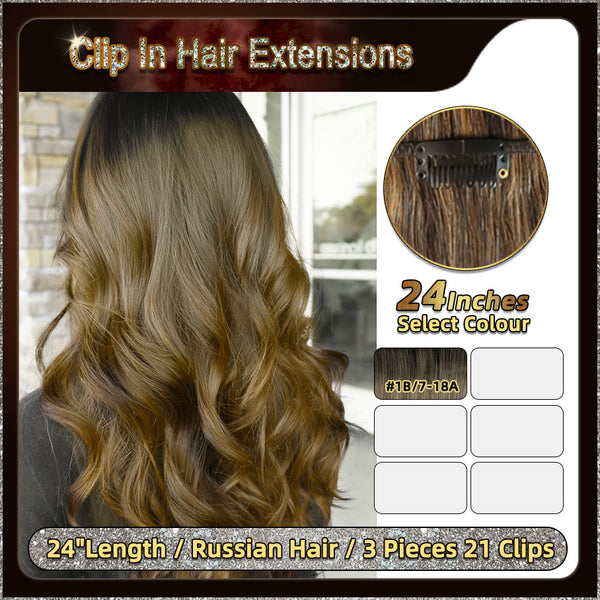 24'' Ombre Clip In Hair Extensions 3 Pieces 21 Clips Standard Full Head(Dark Brown To Blonde）