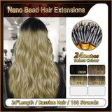 24" Ombre Nano Bead Hair Extensions 100 Stands Full Head (Dark Brown To Blonde）