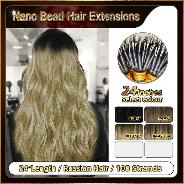 24" Ombre Nano Bead Hair Extensions 100 Stands Full Head (Dark Brown To Blonde）