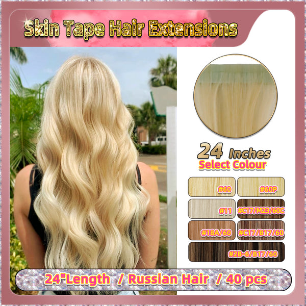 24''  Skin Tape Hair Extensions  40 PCs  Standard Full Head (Blonde）