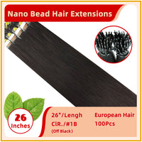 26" #1B 100 Strands Virgin Hair Nano Bead Hair Extensions