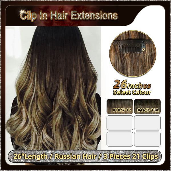 26'' Ombre Clip In Hair Extensions 3 Pieces 21 Clips Standard Full Head(Dark Brown To Blonde）