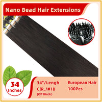 34" #1B 100 Strands  Virgin Hair  Nano Bead Hair Extensions