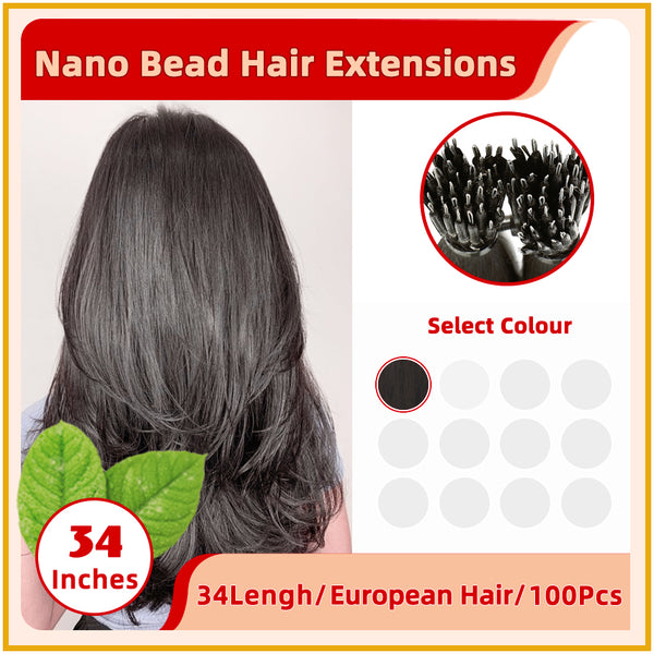 34" #1B 100 Strands  Virgin Hair  Nano Bead Hair Extensions