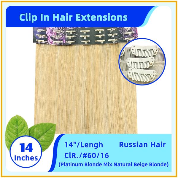 14" #60/16 Russian Hair Clip In Hair Extensions Platinum Blonde Mix Natural Beige Blonde
