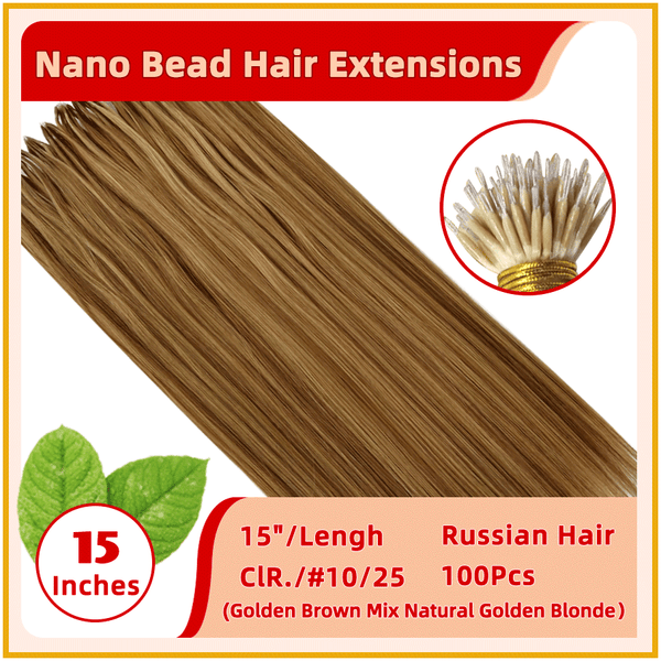 15" #10/25  100 Strands  Russian Hair Nano Bead Hair Extensions  Golden Brown mix Natural golden blonde