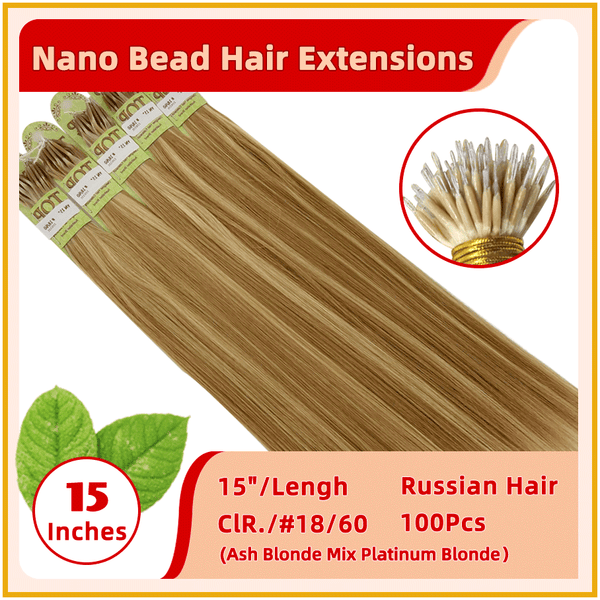 15" #18/60 100 Strands  Russian Hair Nano Bead Hair Extensions