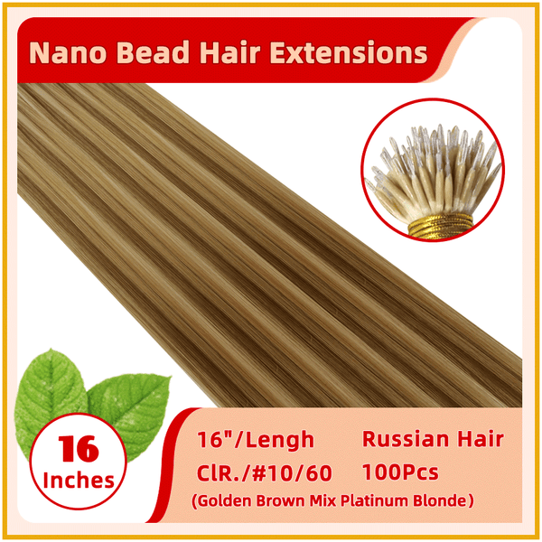 16" #10/60  100 Strands Russian Hair Nano Bead Hair Extensions Golden Brown Mix Platinum Blonde
