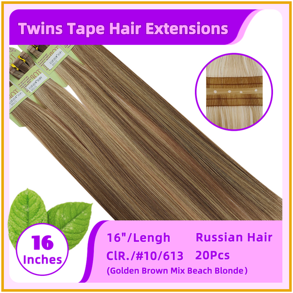 16" #10/613 20 Pieces Russian Hair Twins Tape Hair Extensions  Golden Brown Mix Beach Blonde