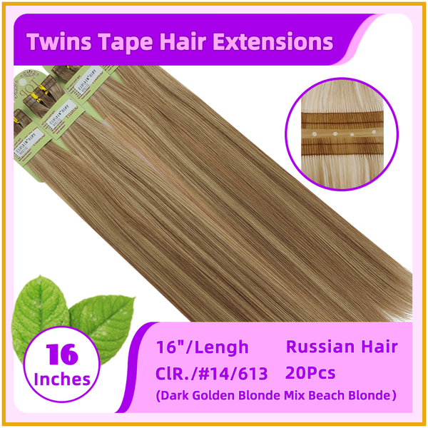 16" #14/613 20 Pieces Russian Hair Twins Tape Hair Extensions  Dark Golden Blonde Mix Beach Blonde