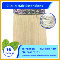 16" #60/C101 Russian Hair Clip In Hair Extensions Platinum Blonde Mix Milk Shake Blonde