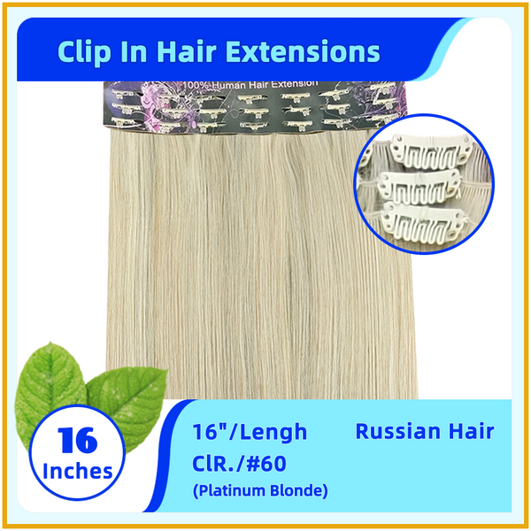 16" #60 Russian Hair Clip In Hair Extensions Platinum Blonde