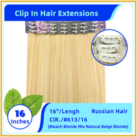 16" #613/16  Russian Hair Clip In Hair Extensions Beach Blonde Mix Natural Beige Blonde