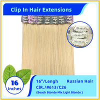 16" #613/C26  Russian Hair Clip In Hair Extensions Beach Blonde Mix Light Blonde