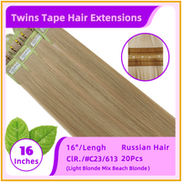 16" #C23/613 20 Pieces Russian Hair Twins Tape Hair Extensions Light Blonde Mix Beach Blonde