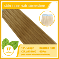 17" #18/60 40 pieces Skin Tape Hair Human  Russian Hair Extensions Ash Blonde Mix Platinum Blonde