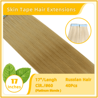 17" #60 40 Pieces Skin Tape Hair Human  Russian Hair Extensions Platinum Blonde
