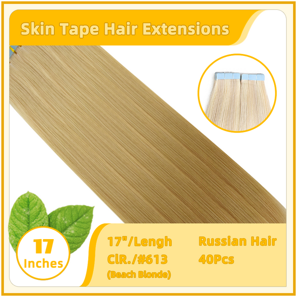 17" #613 40 pieces  Skin Tape Hair Human Russian Hair Extensions Beach Blonde