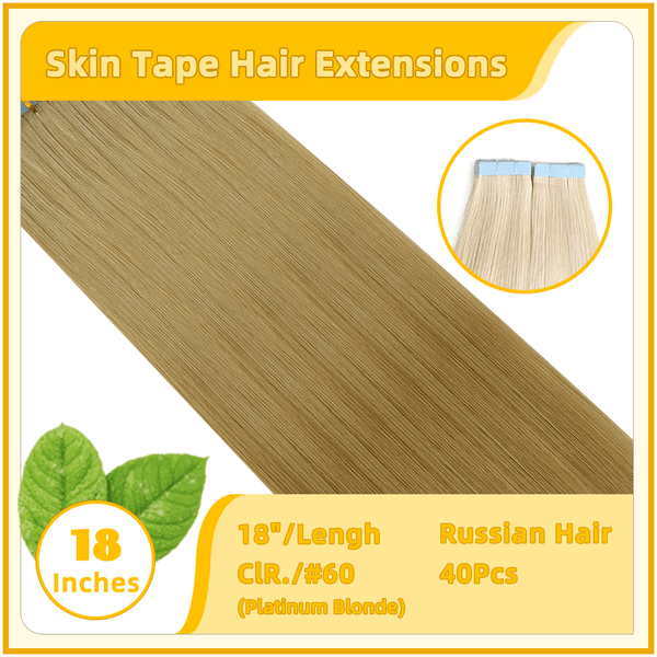 18" #60 40 Pieces  Skin Tape Hair Human  Russian Hair Extensions Platinum Blonde