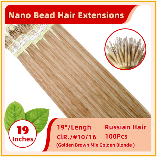 19" #10/16 100 Stands Russian Hair Nano Bead Hair Extensions  Golden Brown Mix Golden Blonde