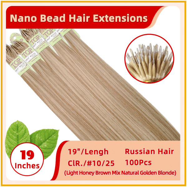 19" #10/25 100 Stands Russian Hair Nano Bead Hair Extensions  Light Honey Brown Mix Natural Golden Blonde