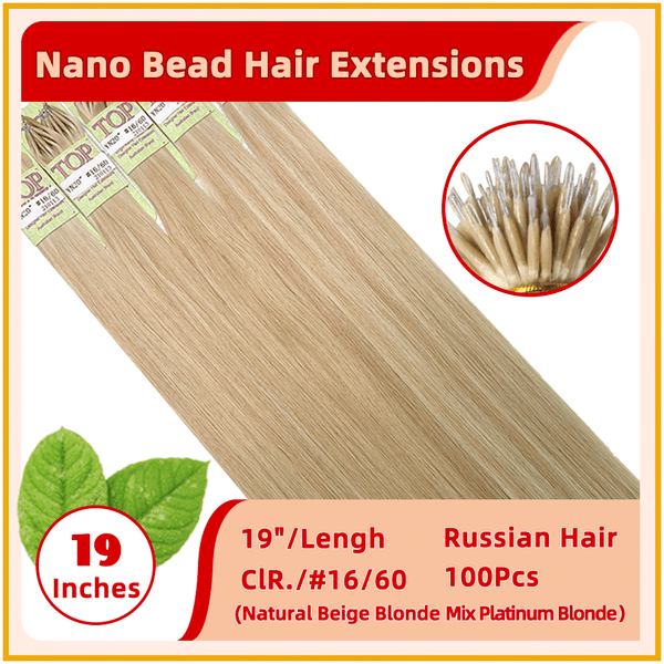 19" #16/60 100strands  Russian Hair Nano Bead Hair Extensions  Natural Beige Blonde Mix Platinum Blonde