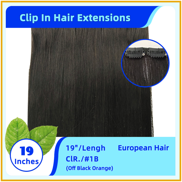 19" #1B  European Hair Clip In Hair Extensions Off Black