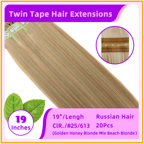 19" #25/613 20 Pieces Russian Hair Twins Tape Hair Extensions Dark Golden Blonde Mix Beach Blonde