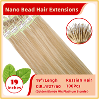 19" #27/60 100 Strands Russian Hair Nano Bead Hair Extensions  Golden Blonde Mix Platinum Blonde