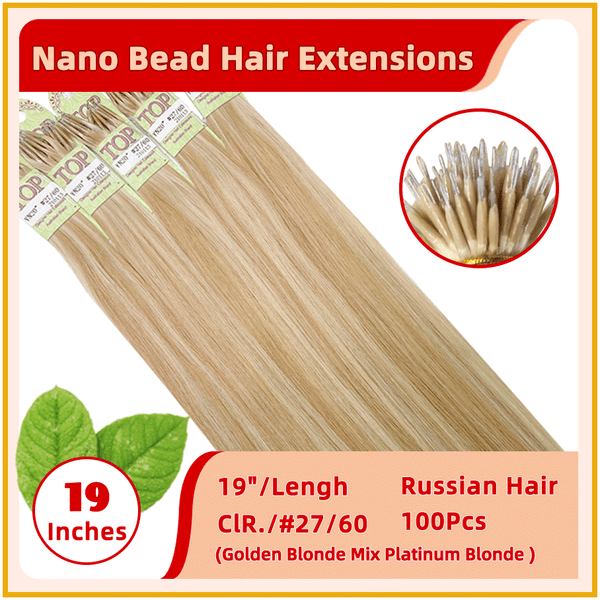 19" #27/60 100 Strands Russian Hair Nano Bead Hair Extensions  Golden Blonde Mix Platinum Blonde