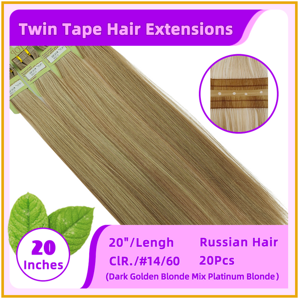 20" #14/60 20 Pieces Russian Hair Twins Tape Hair Extensions Dark Golden Blonde Mix Platinum Blonde