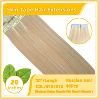 20" #16/613  40 Pieces  Skin Tape Hair Human  Russian Hair Extensions Natural Beige Blonde Mix Beach Blonde