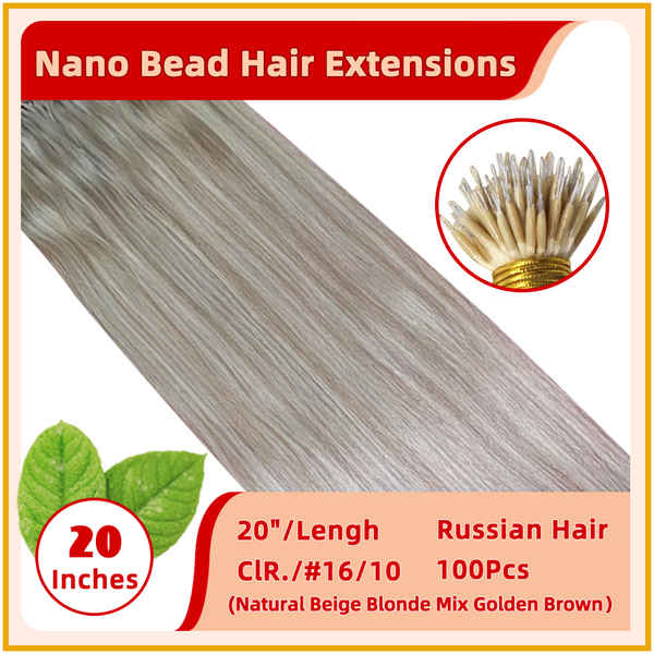 20" #16/10 100 Stands Russian Hair Nano Bead Hair Extensions  Natural Beige Blonde Mix Golden Brown