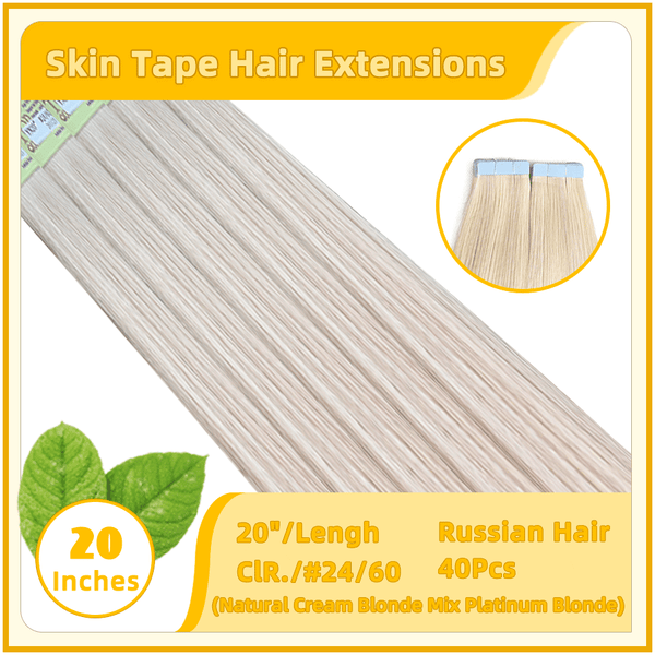 20" #24/60 40 Pieces  Skin Tape Hair Human  Russian Hair Extensions Natural Cream Blonde Mix Platinum Blonde