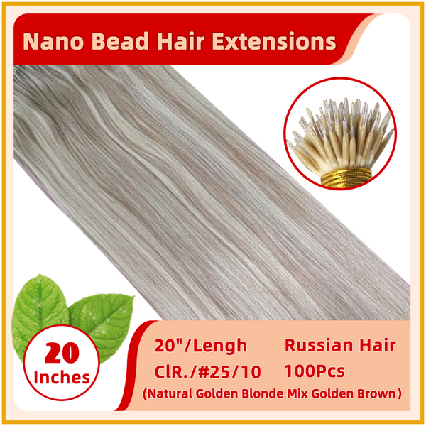 20" #25/10 100 Stands Russian Hair Nano Bead Hair Extensions  Natural Golden Blonde Mix  Golden Brown