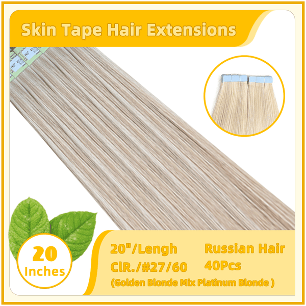 20" #27/60 40 Pieces Skin Tape Hair Human  Russian Hair Extensions Golden Blonde Mix Platinum Blonde